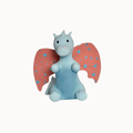 A light blue dragon figurine with pink wings decorated with small blue stars, set against a plain off-white background.