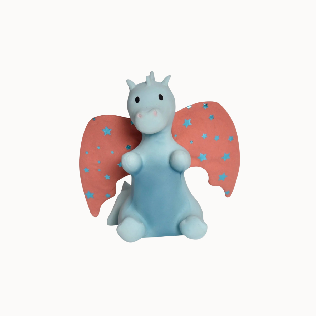 A light blue dragon figurine with pink wings decorated with small blue stars, set against a plain off-white background.