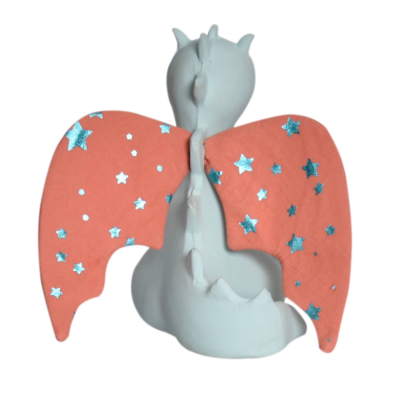 A white dragon figurine with large coral-pink wings decorated with silver glitter stars, shown against a plain white background.
