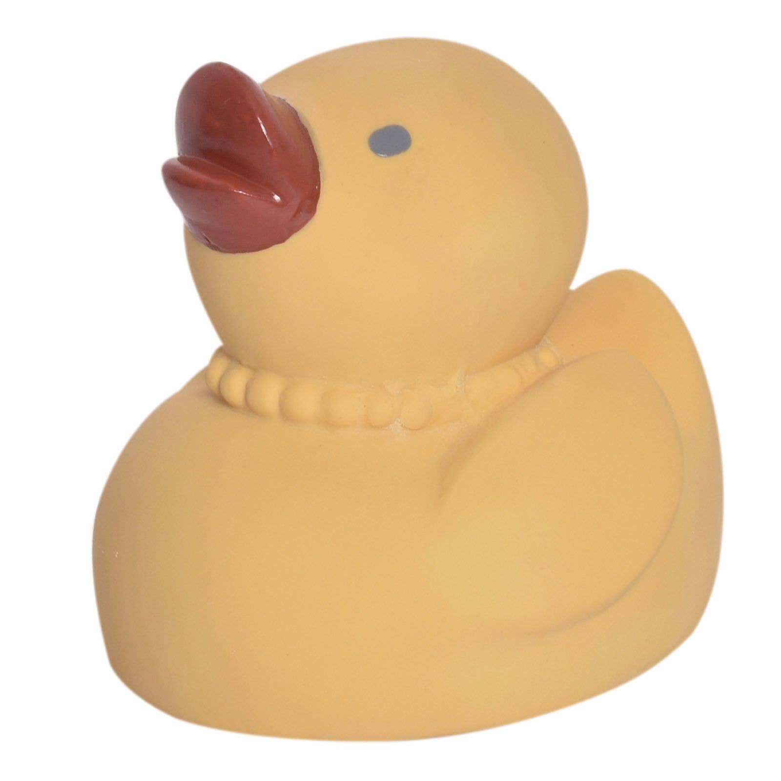 Yellow rubber duck with a red beak on a white background