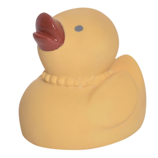 Yellow rubber duck with a red beak on a white background