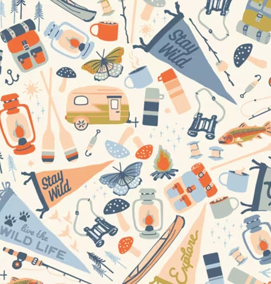 Camping-themed pattern with icons on a white background