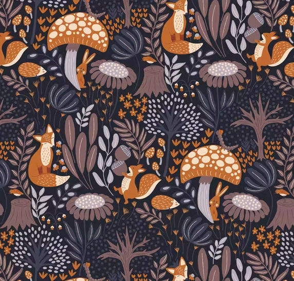 A seamless repeating pattern featuring whimsical woodland illustrations of foxes, squirrels, mushrooms, acorns, and stylized foliage in warm orange, brown, beige, and gray tones against a very dark charcoal background.