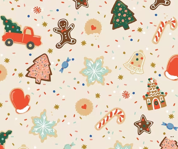 A festive Christmas-themed pattern featuring gingerbread cookies, candy canes, a decorated tree, a red truck, a bell, mittens, and sprinkles on a warm cream background.