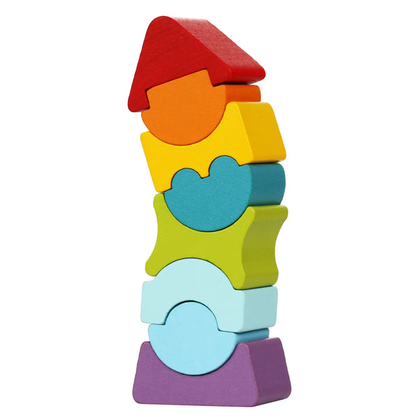 Colorful wooden stacking toy with a white background
