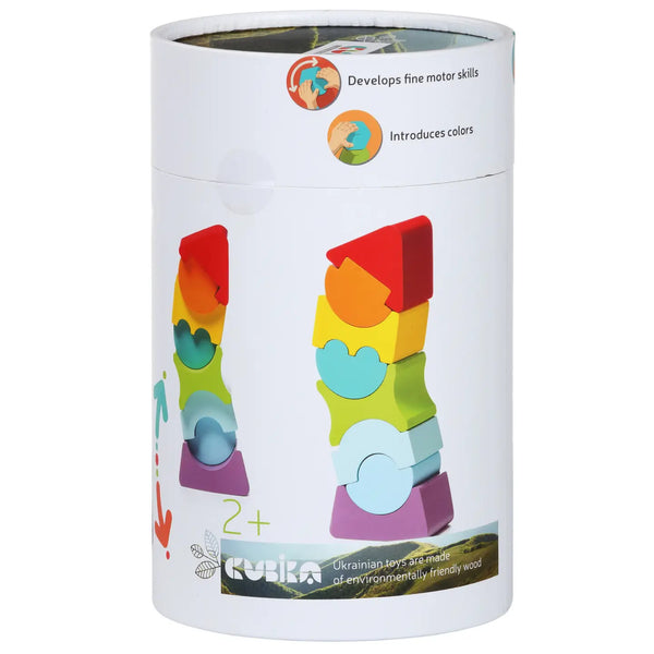 Colorful toy stacker in a white cylindrical box with Kukka branding.