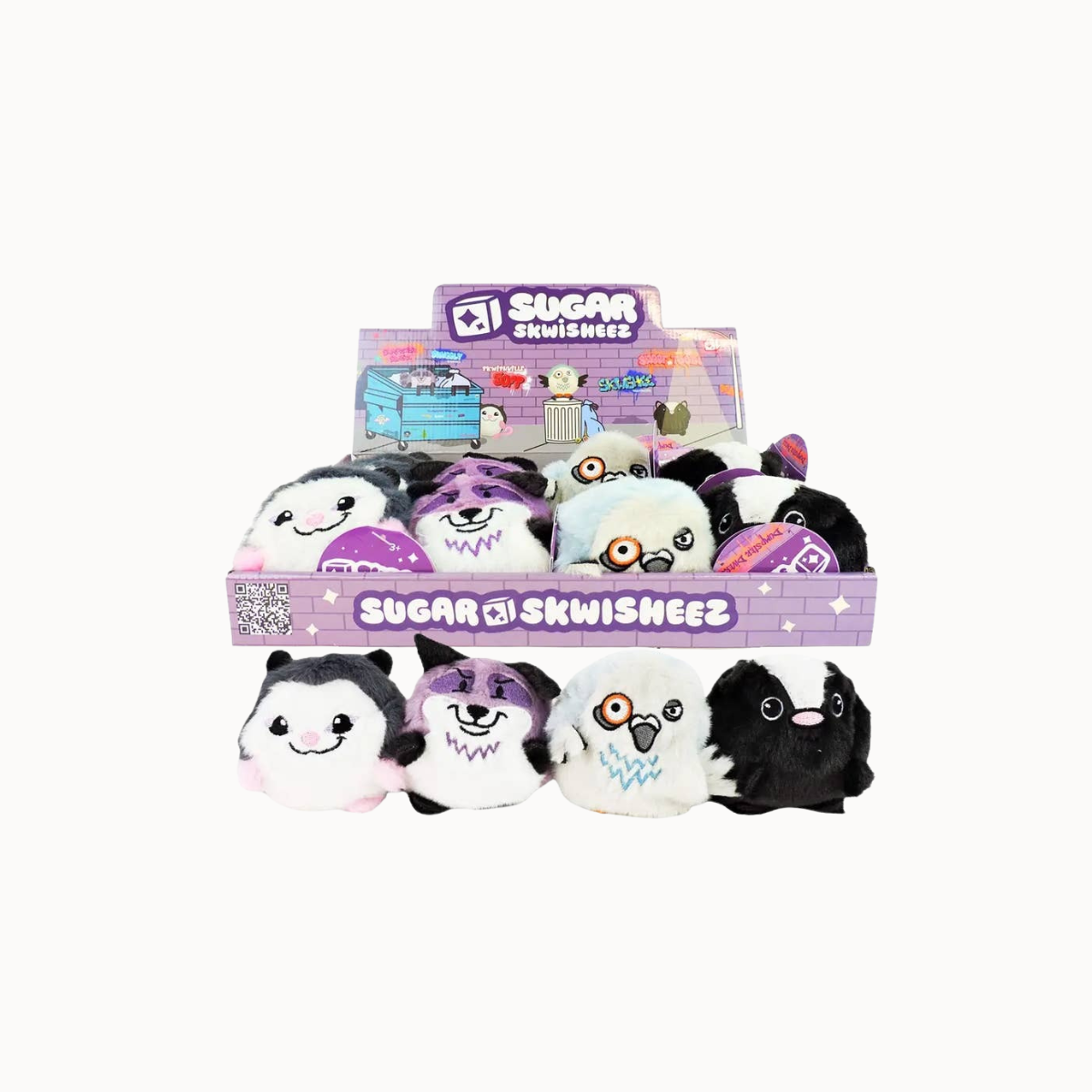 Display of Sugar Skwisheez plush toys with packaging on a white background