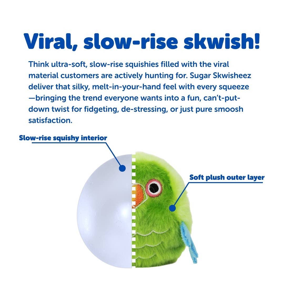 A green plush squishy toy with a transparent dome half covering it, shown on a white background with marketing text and callout labels pointing to the slow-rise squishy interior and soft plush outer layer.