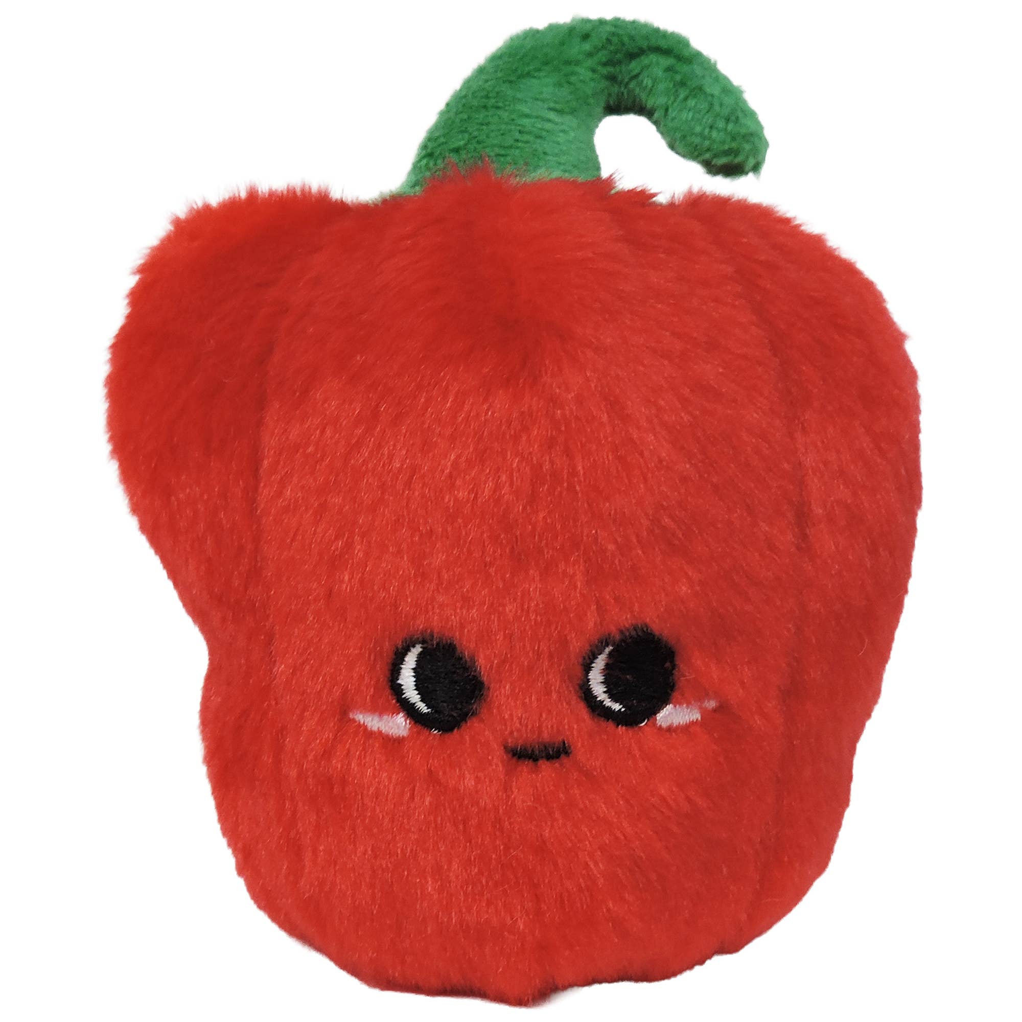 Plush toy shaped like a red pepper with a green stem on a white background