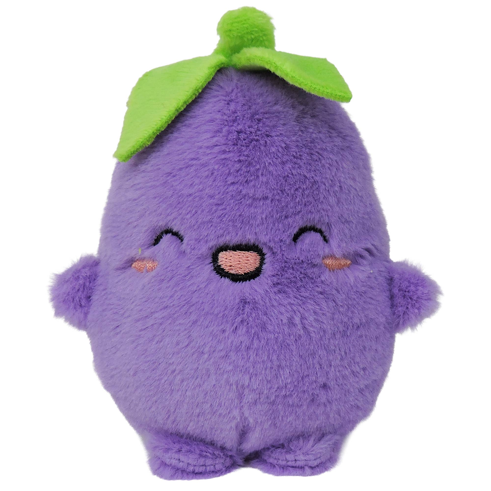Plush toy shaped like a purple eggplant with a green leaf on a white background