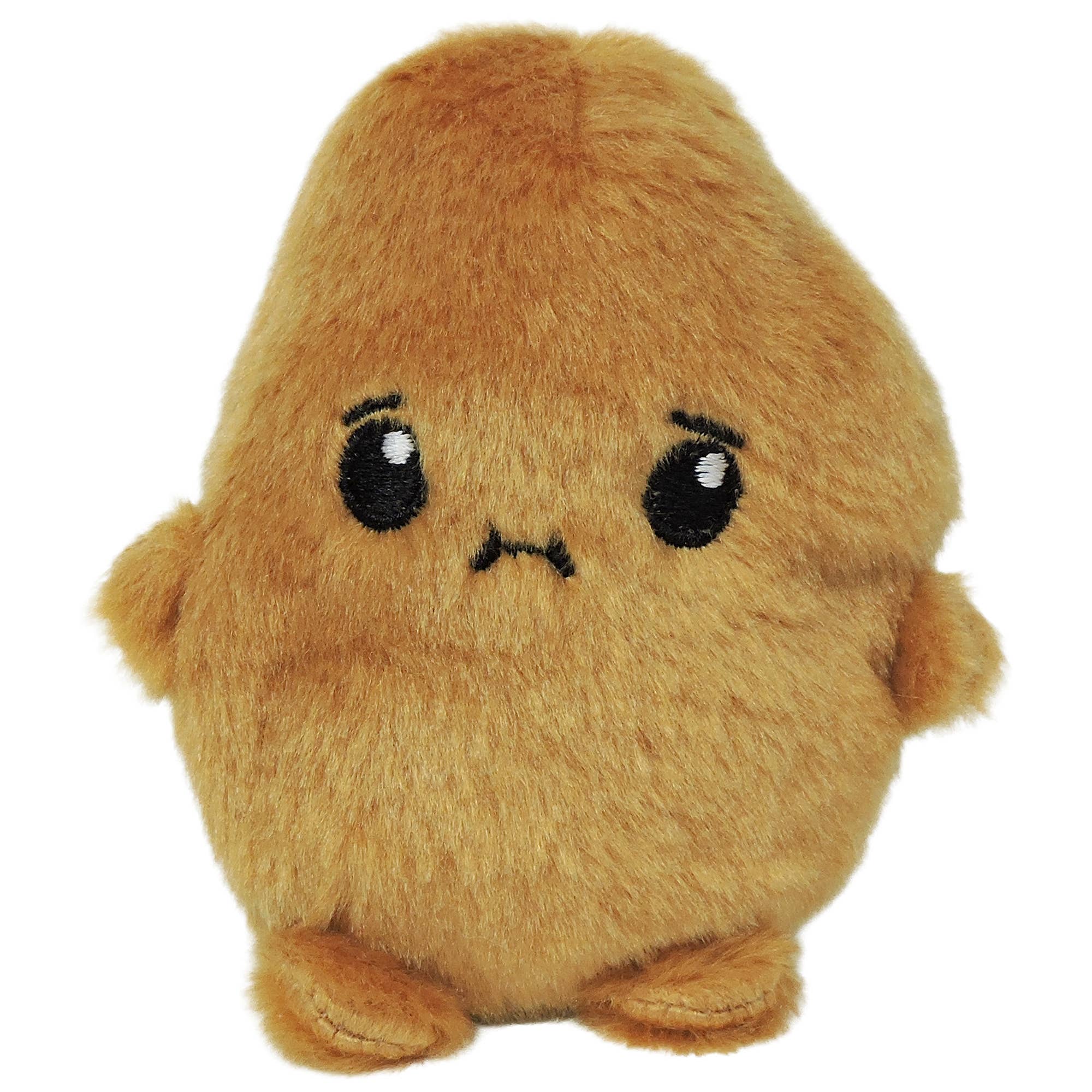 Brown plush toy with a sad expression on a white background