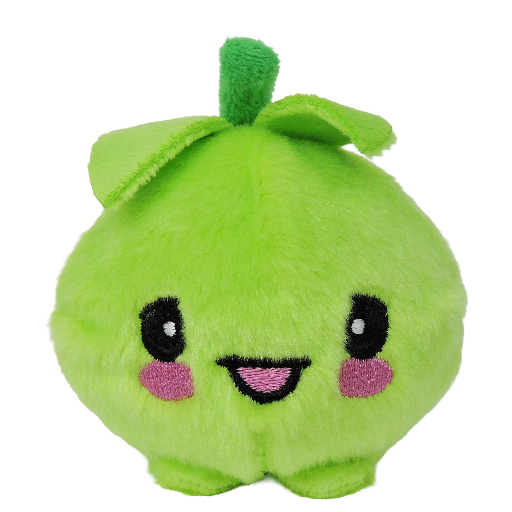 Green plush toy with a smiling face on a white background