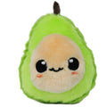 A cute plush avocado toy with a bright green fuzzy exterior, a beige face, large black embroidered eyes, and a small dark brown stem on a plain white background.