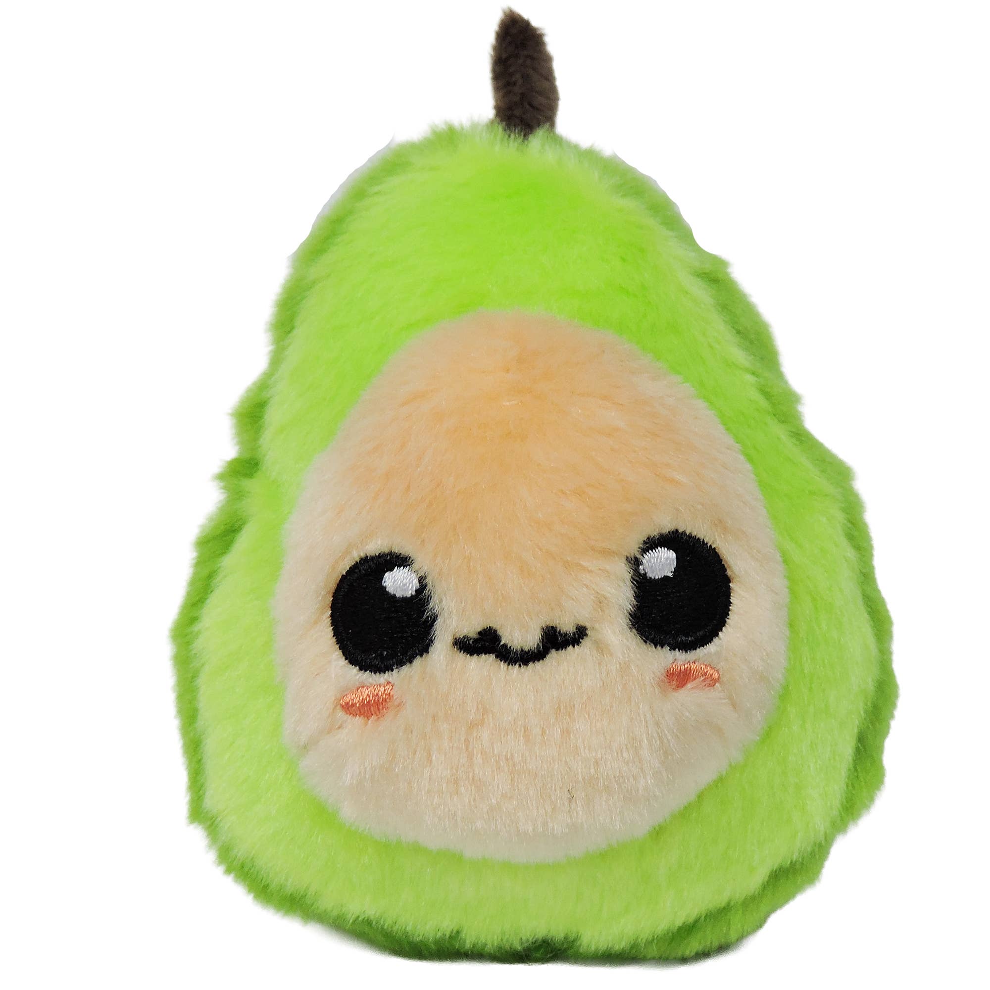 A cute plush avocado toy with a bright green fuzzy exterior, a beige face, large black embroidered eyes, and a small dark brown stem on a plain white background.
