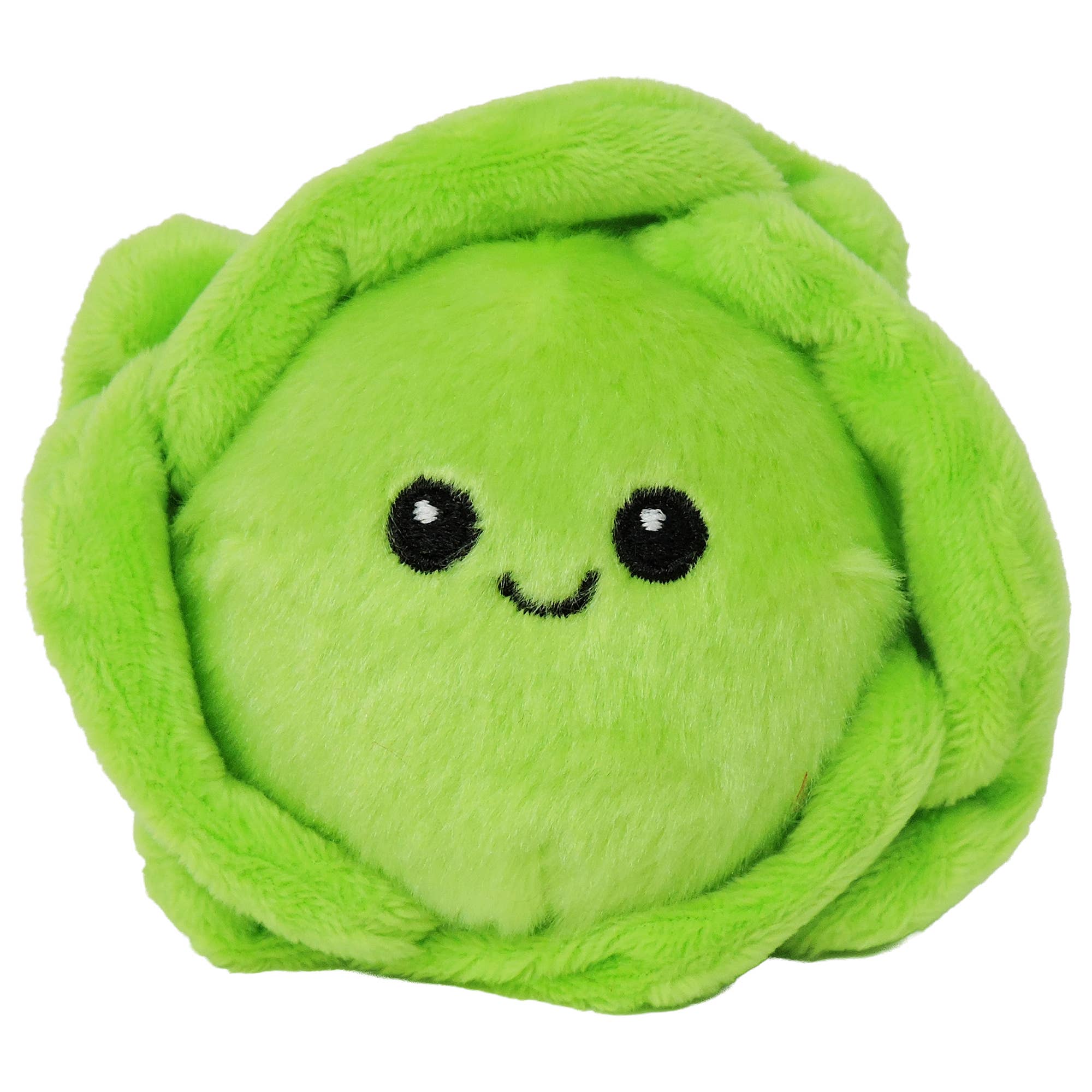 Plush toy shaped like a brussels sprout with a smiling face on a white background
