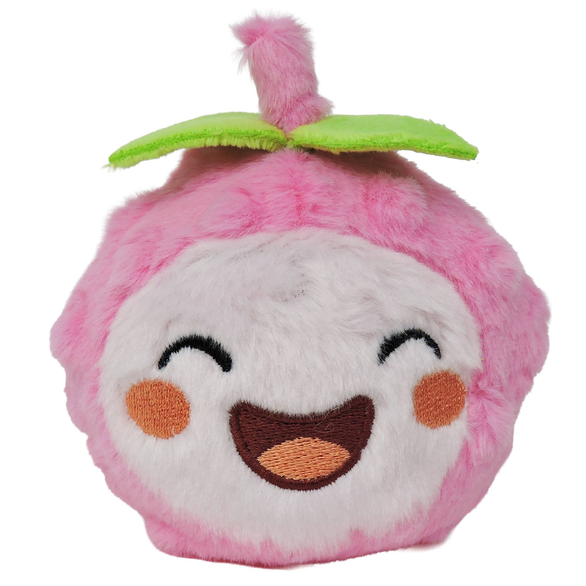 Plush toy resembling a pink fruit with a face on a white background
