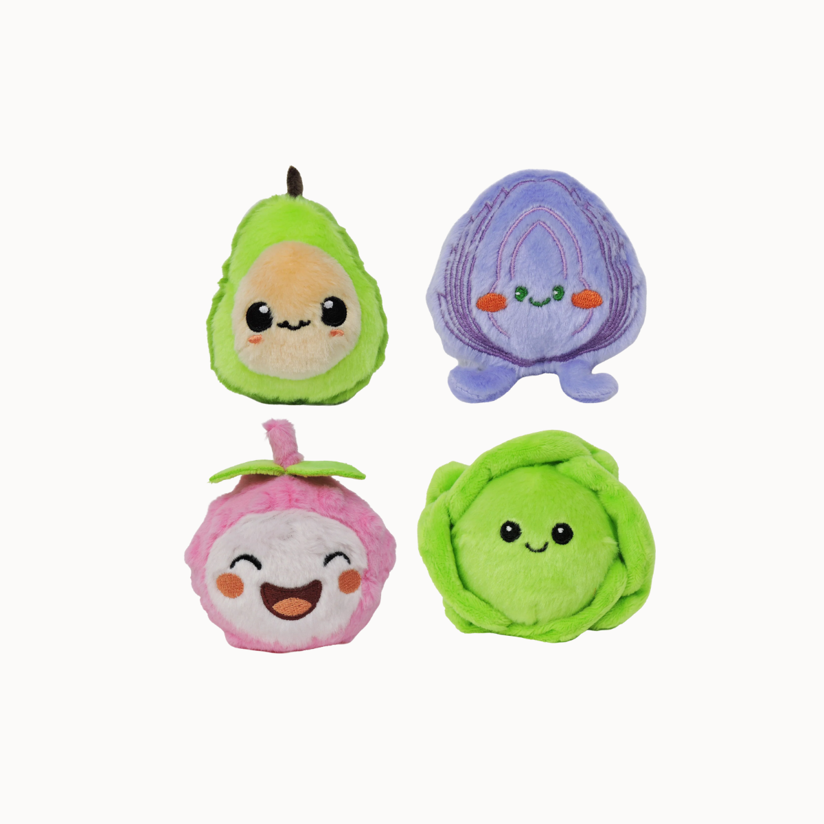 Four cute plush avocado character toys arranged in a 2x2 grid on a plain white background. The avocados have different color schemes: green, purple, pink, and light green, all with embroidered smiling faces.