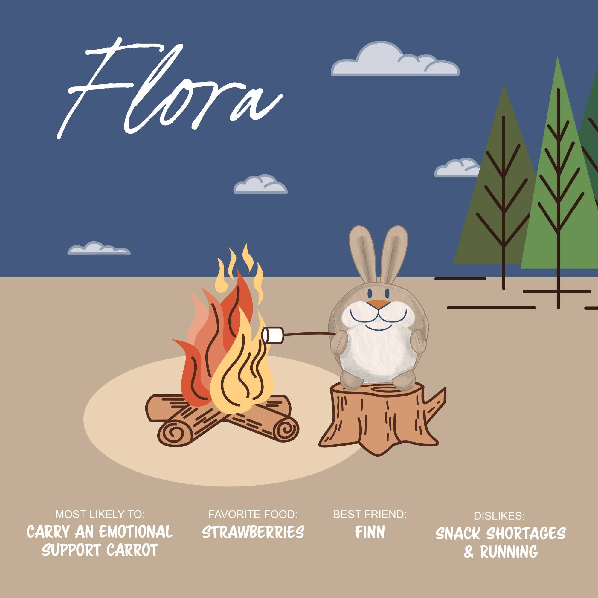 Cartoon rabbit roasting a marshmallow over a campfire with 'Flora' at the top.