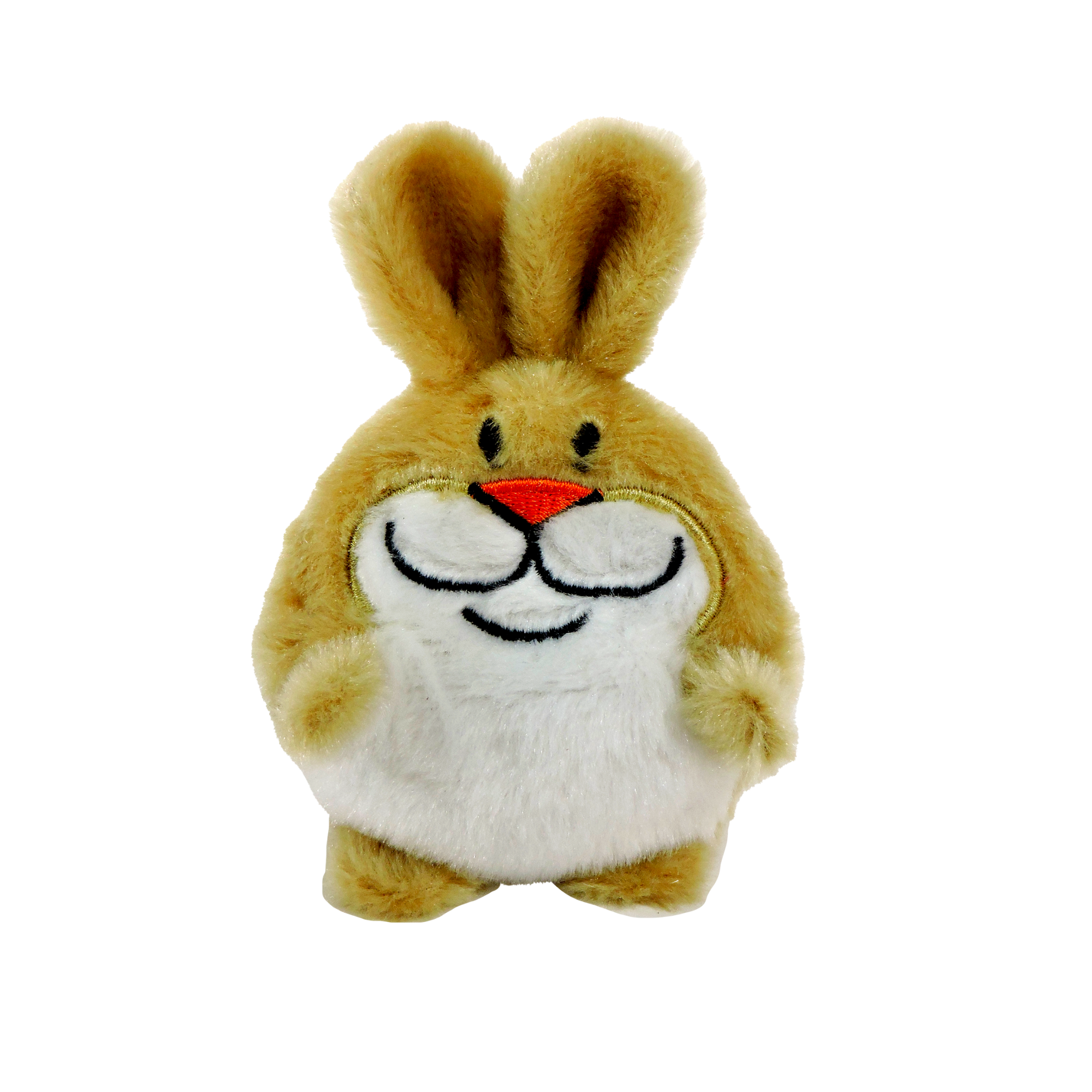 Plush toy rabbit with a white belly on a white background