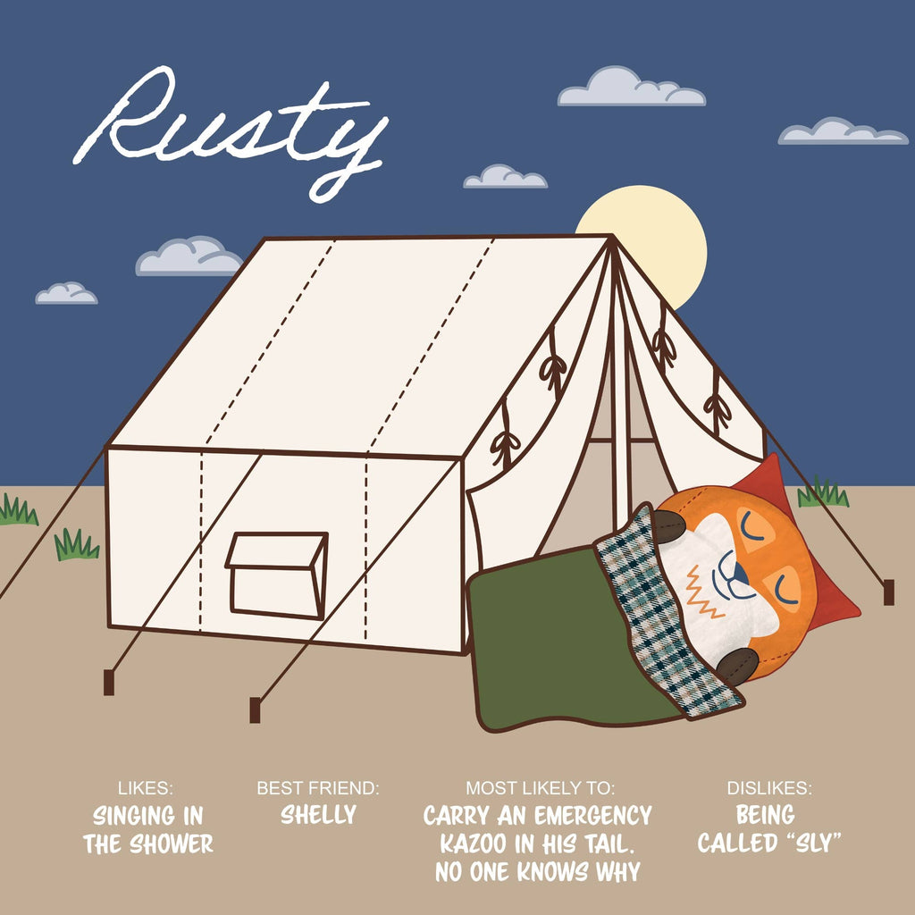 Illustration of a tent with camping gear and a dog, set against a blue sky with clouds.