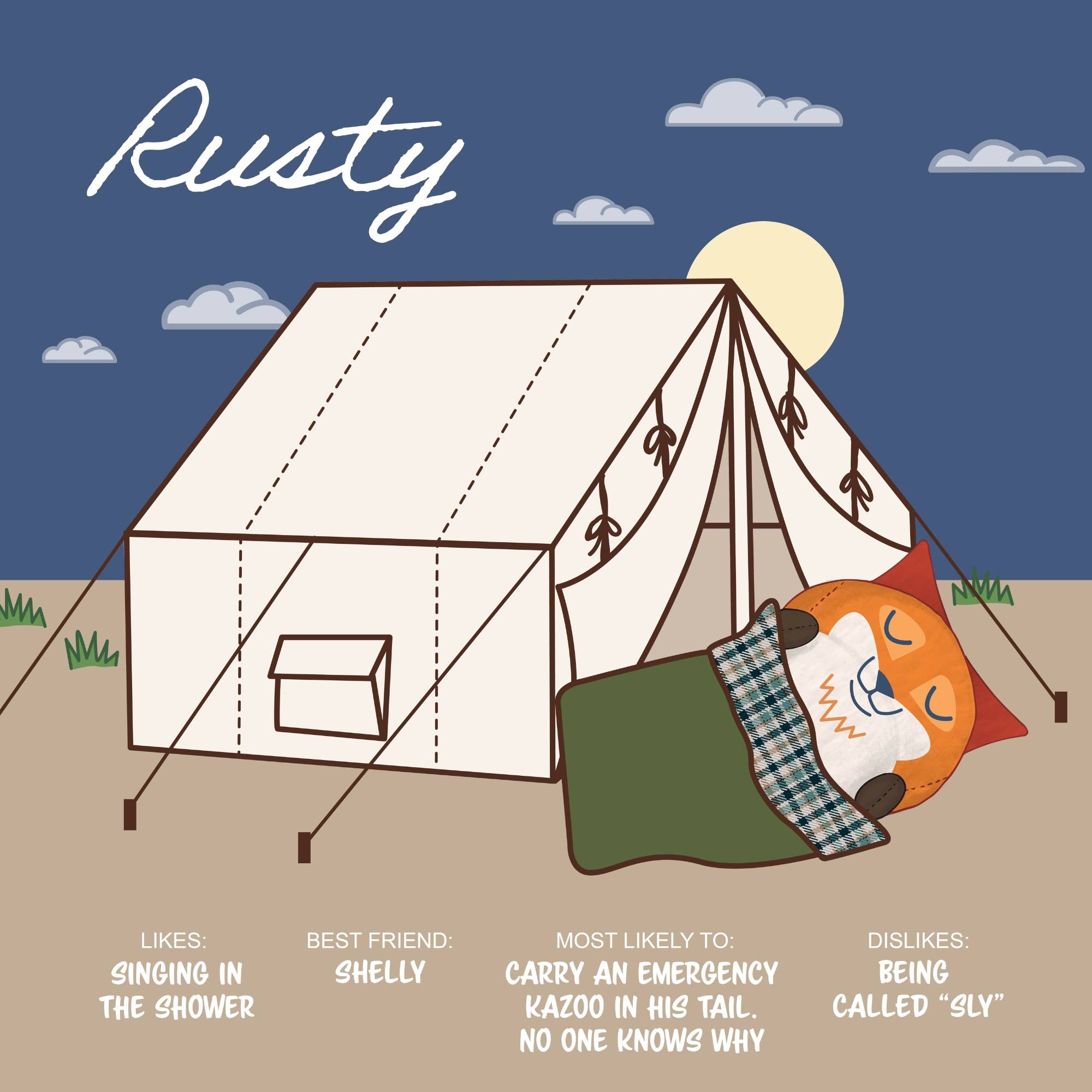 Illustration of a tent with camping gear and a dog, set against a blue sky with clouds.