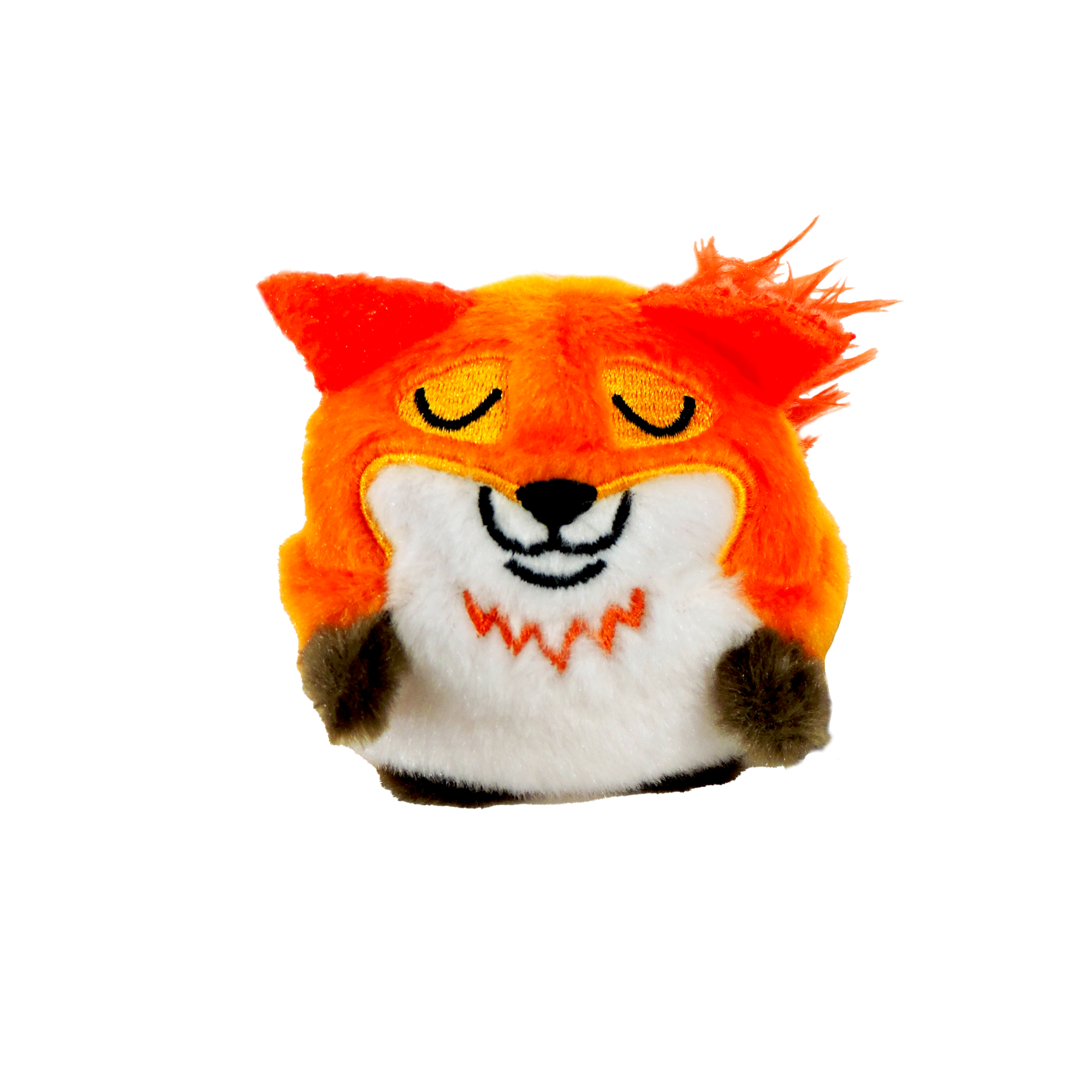 Plush toy fox head with closed eyes on a white background
