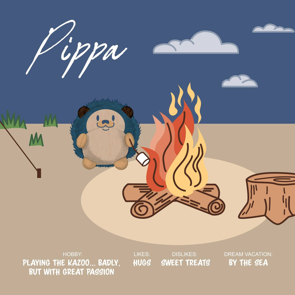 Illustration of a hedgehog by a campfire with text about 'Pippa' on a blue sky background.