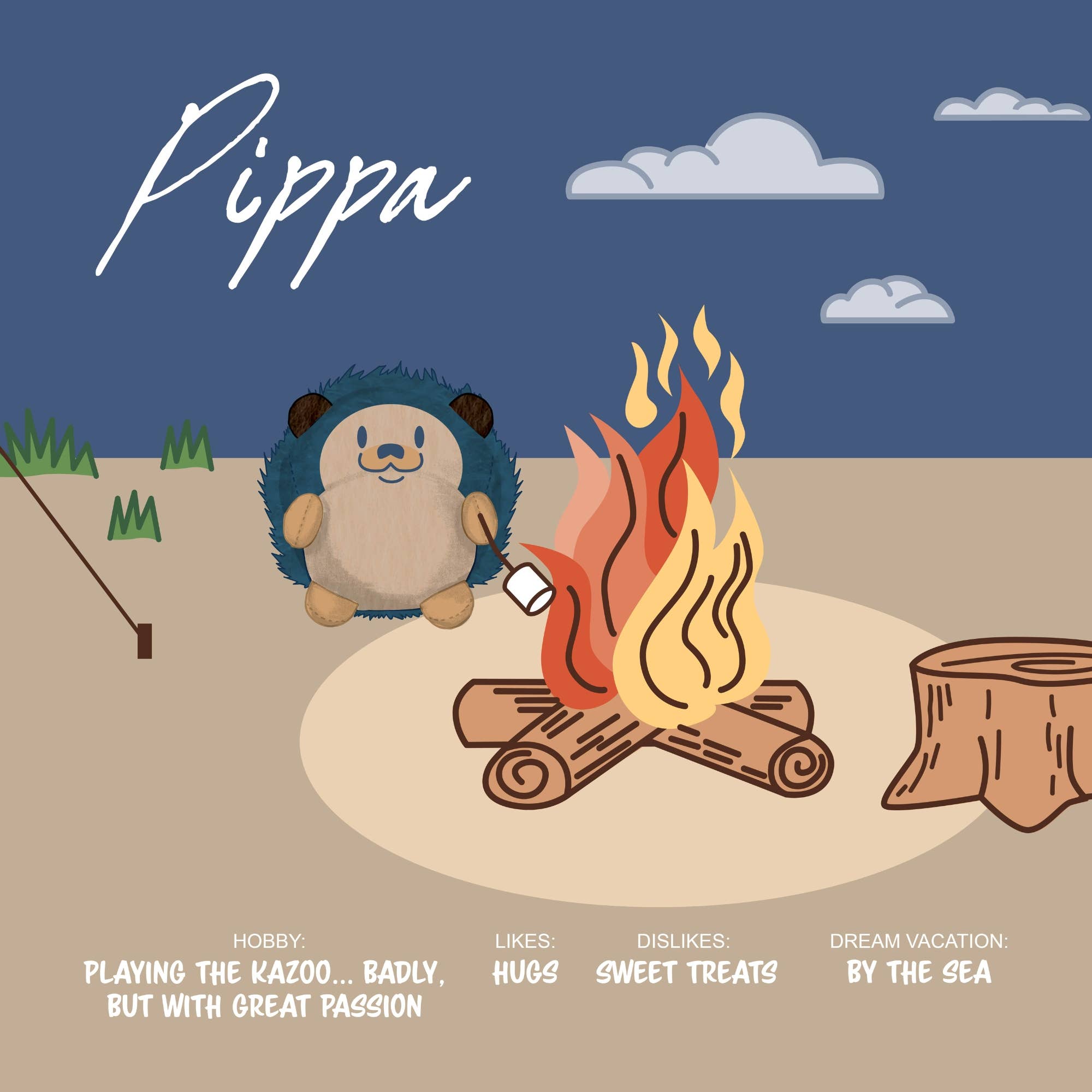 Illustration of a hedgehog by a campfire with text about 'Pippa' on a blue sky background.
