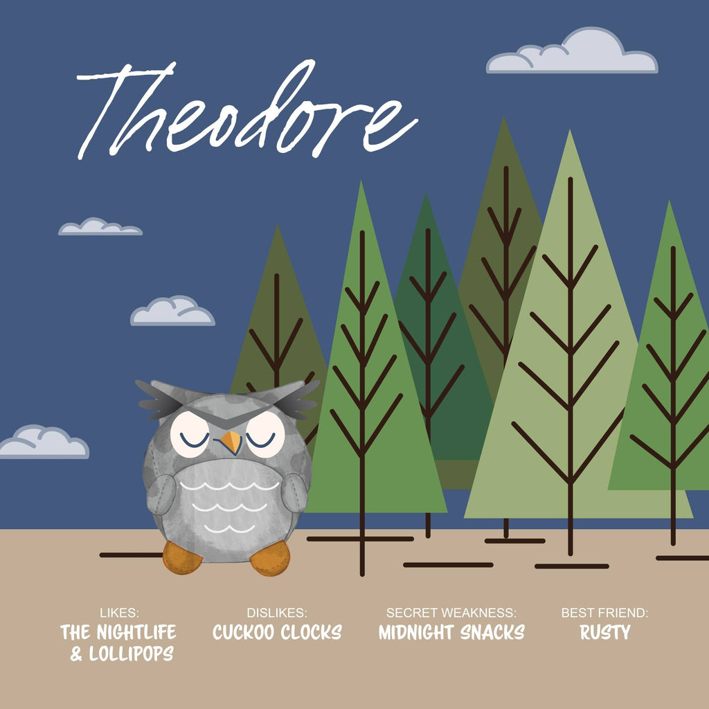 Cartoon owl standing in front of trees with a blue sky and clouds, featuring the name 'Theodore' and his character traits.