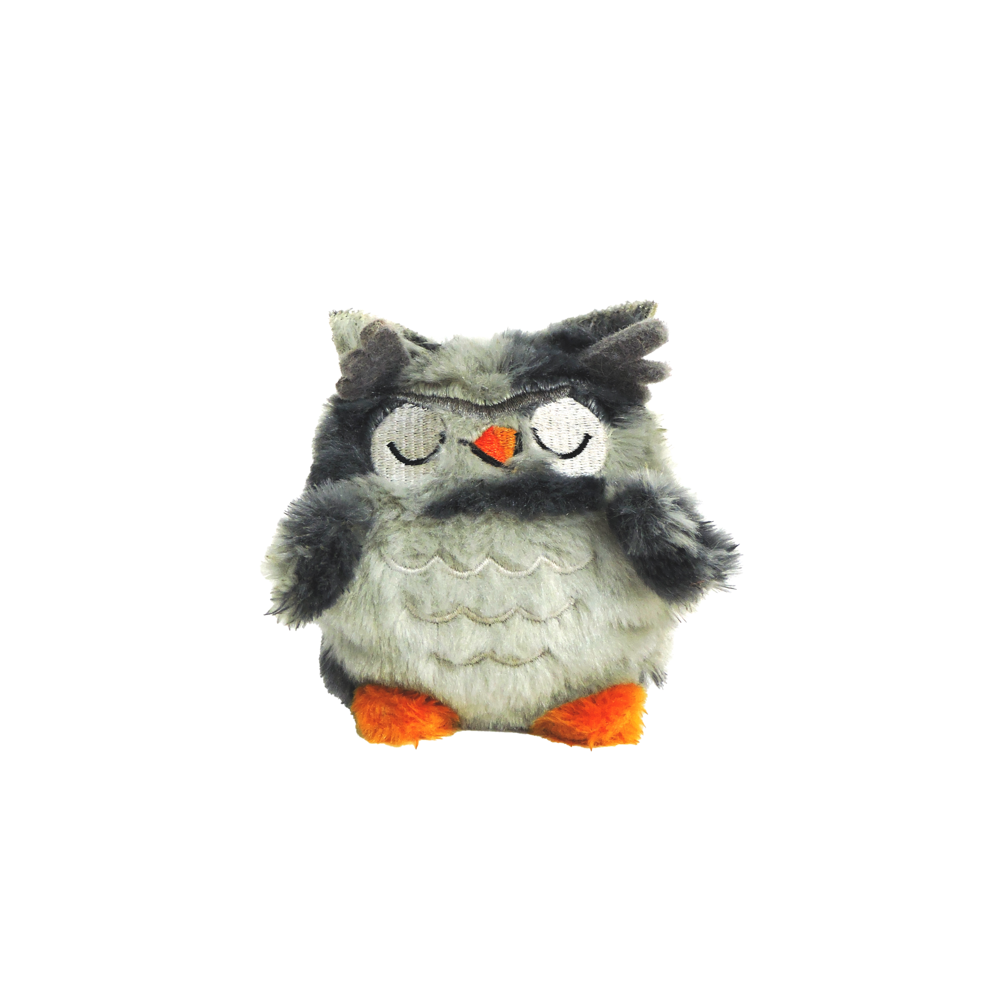 Plush owl toy with a mustache on a white background
