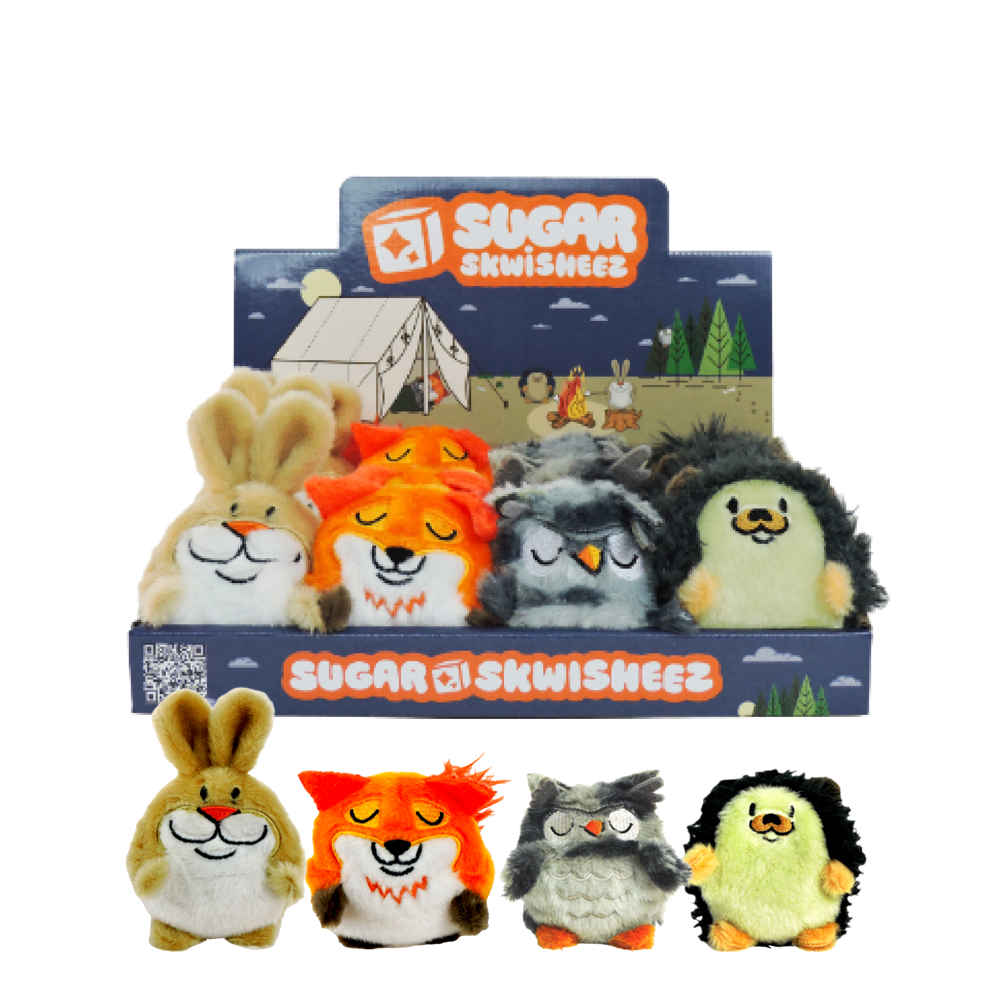 Display of small plush toys with 'Sugar Skwisgee' branding on a white background