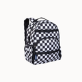 A black and white checkered backpack with black straps and trim, shown on a plain light gray background.