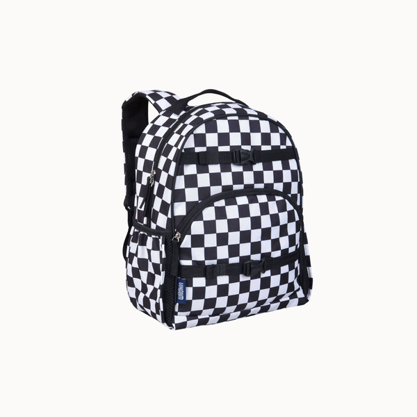 A black and white checkered backpack with black straps and trim, shown on a plain light gray background.