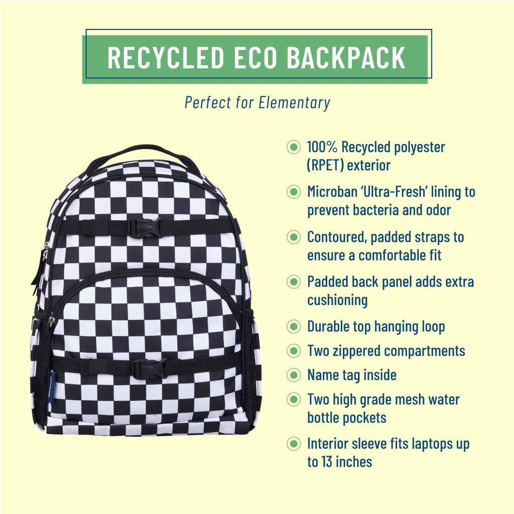Checkered backpack with recycled eco features on a light yellow background