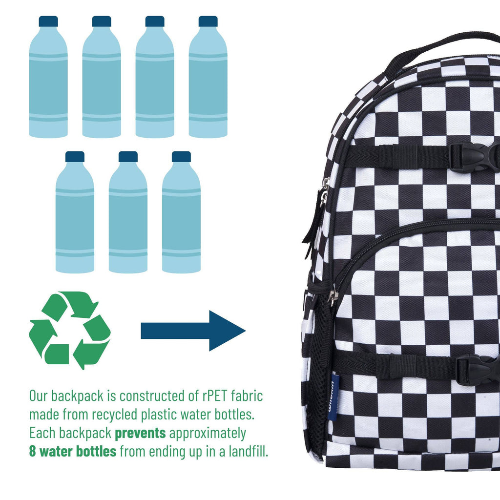Checkered backpack with recycling graphic and water bottles, emphasizing eco-friendly material use.