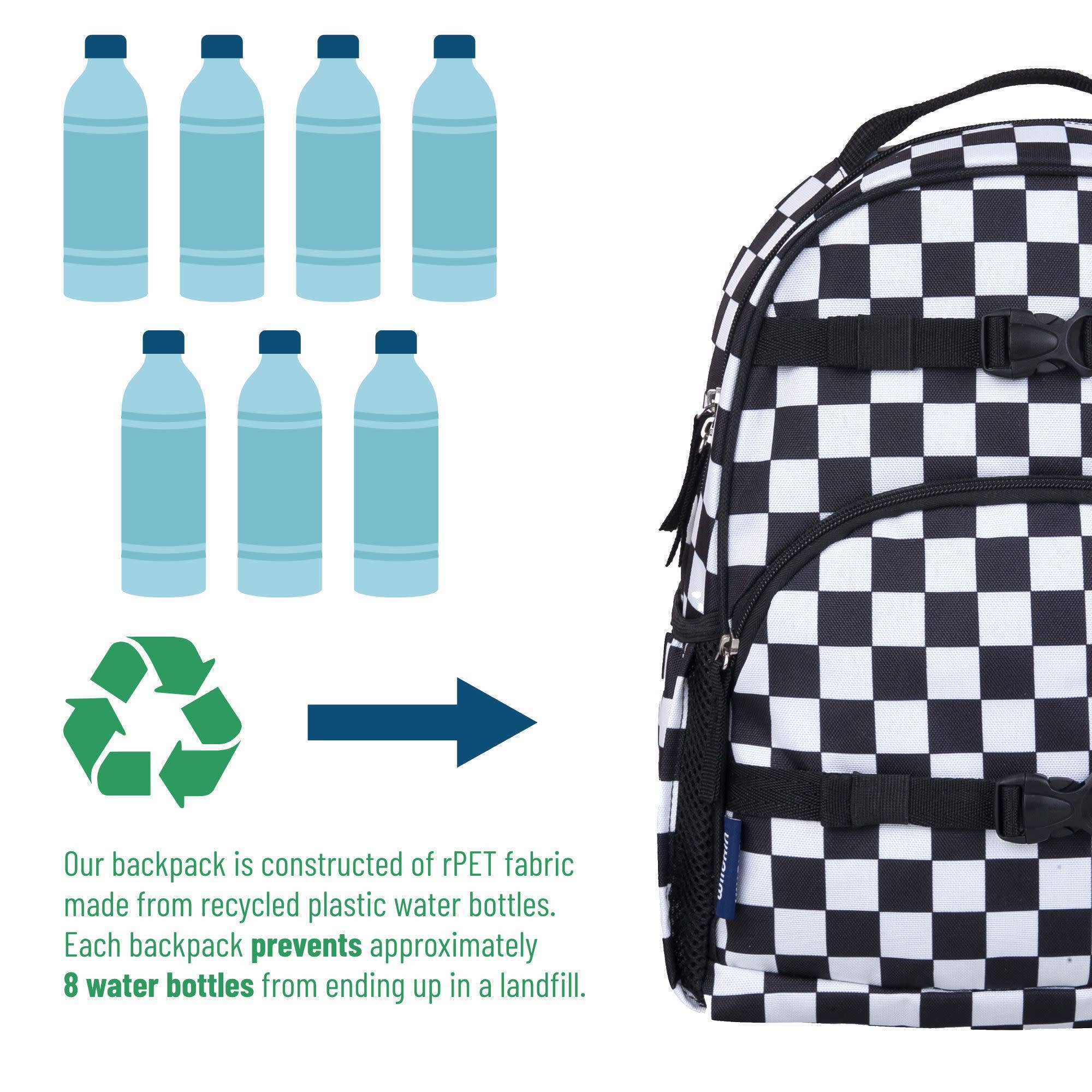 Checkered backpack with recycling graphic and water bottles, emphasizing eco-friendly material use.