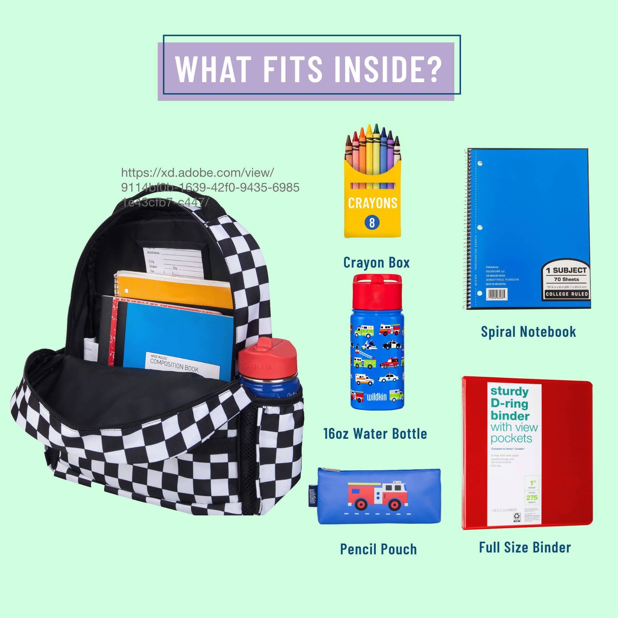 Backpack with school supplies including crayons, notebook, water bottle, and binders on a light green background.