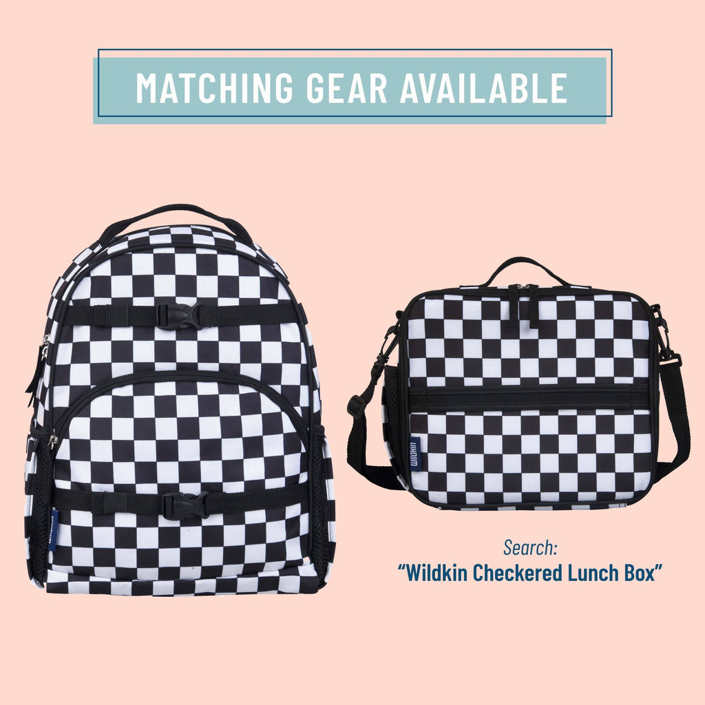Checkered backpack and lunch box on a pink background with text about matching gear.