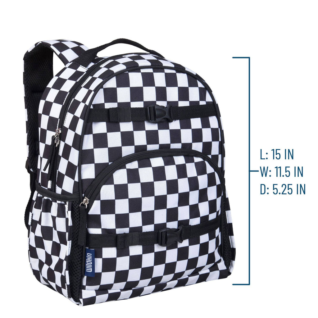 Black and white checkered backpack with dimensions on a white background