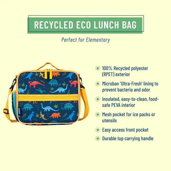 A recycled eco-friendly lunch bag with a dinosaur print, shown on a pale yellow background with descriptive text highlighting its features and materials.