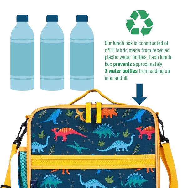 A children's lunch box with a dark blue background and colorful dinosaur print, shown with yellow trim and straps. The image includes illustrated water bottles, a recycling symbol, and text explaining that the lunch box prevents approximately 3 water bottles from ending up in a landfill.