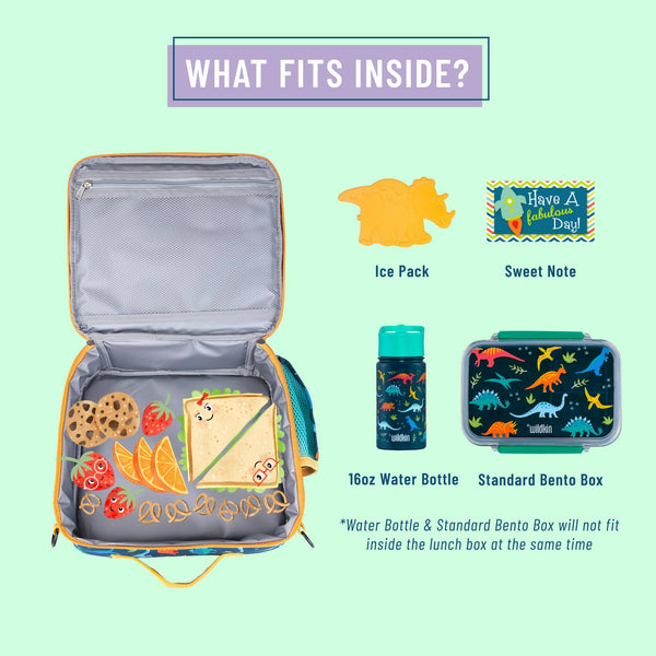 A lunch box shown open with labeled items that fit inside, including an ice pack, sweet note, 16oz water bottle, and standard bento box, on a pale mint background with the headline 'WHAT FITS INSIDE?'.