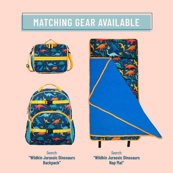 Matching dinosaur-themed gear set including a backpack, shoulder bag, and sleeping mat with a blue interior, all featuring a colorful Jurassic dinosaur print on a peach background with text overlays.