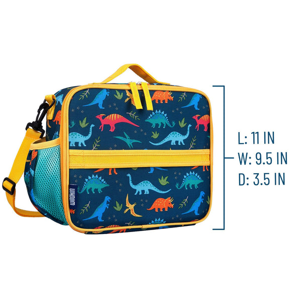 A navy blue lunch bag with a colorful dinosaur pattern, yellow trim, and a side mesh pocket, shown on a white background with size measurements printed on the right.