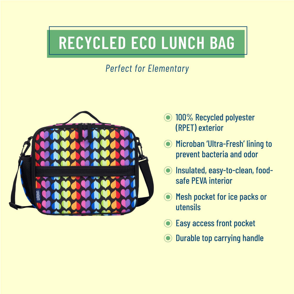A colorful recycled polyester lunch bag with a rainbow heart pattern, shown on a pale yellow background with promotional text and feature bullet points.
