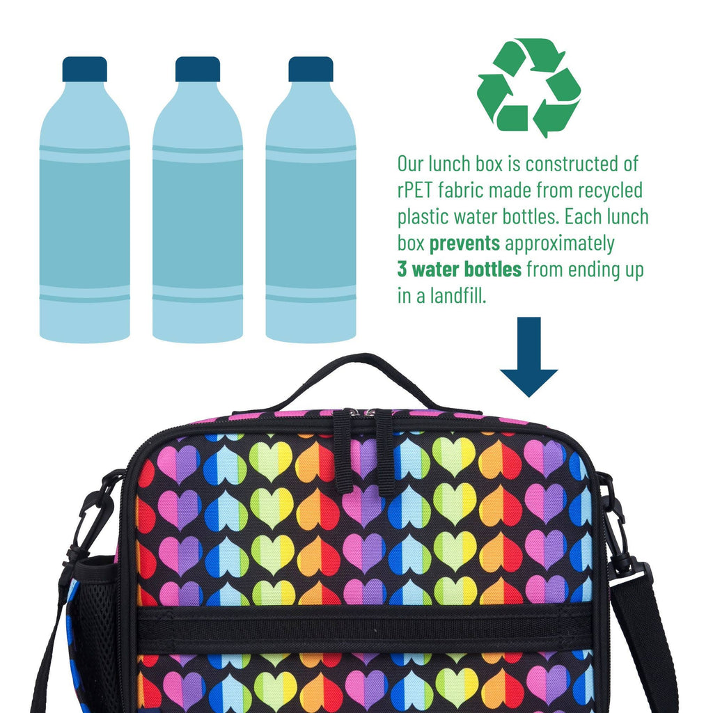 A colorful lunch box with a rainbow heart pattern, shown below an informational graphic explaining that it is made from recycled plastic water bottles.