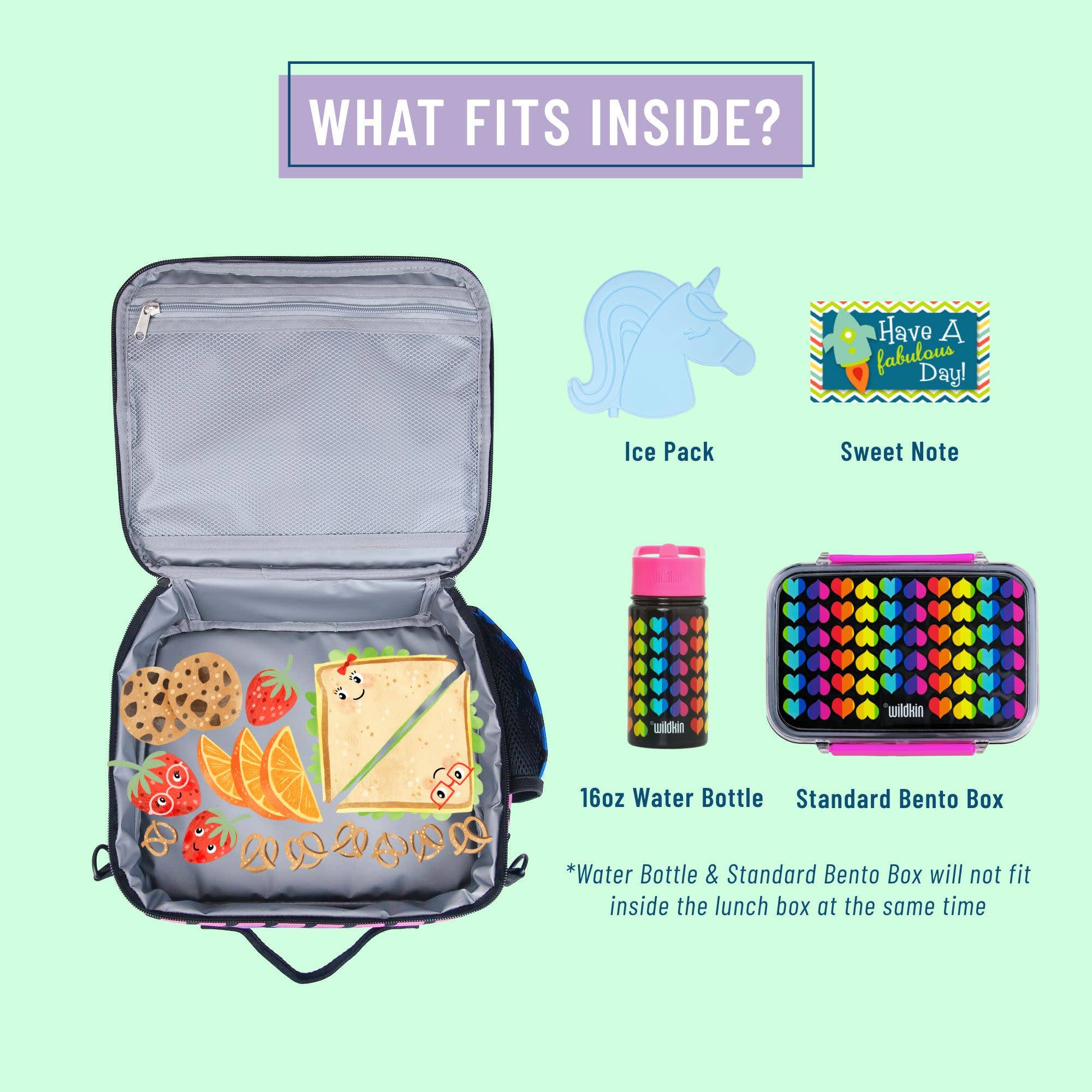 An open gray lunch box on a pale mint background with the headline 'WHAT FITS INSIDE?'. The box contains a sandwich, cookies, fruit, and a small note card.