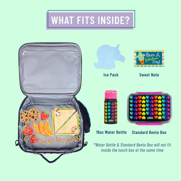 An open gray lunch box on a pale mint background with the headline 'WHAT FITS INSIDE?'. The box contains a sandwich, cookies, fruit, and a small note card.