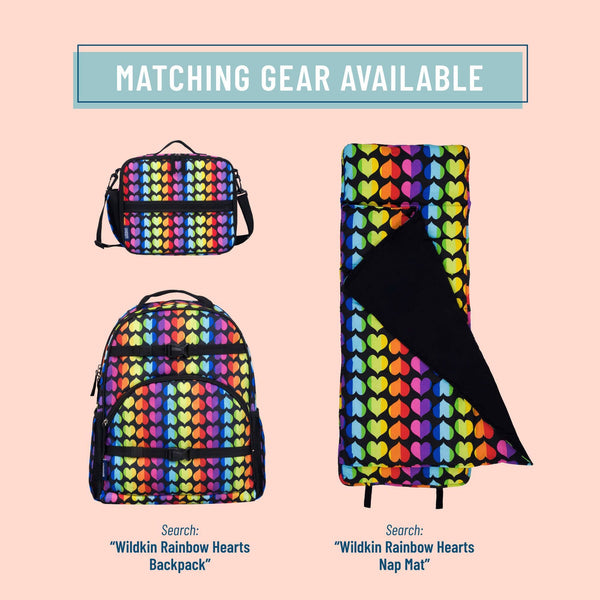 Matching gear set featuring a backpack and a nap mat with a vibrant rainbow heart pattern, displayed on a solid peach background with text indicating 'Matching Gear Available'.