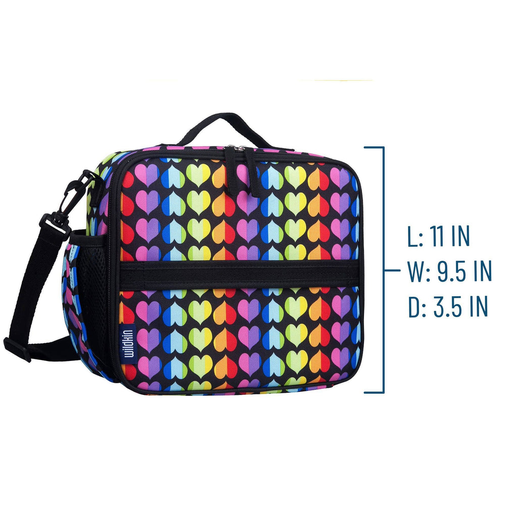A rectangular lunch bag with a colorful heart pattern on a black background, shown with a top handle, side shoulder strap, and printed size measurements on the right side.